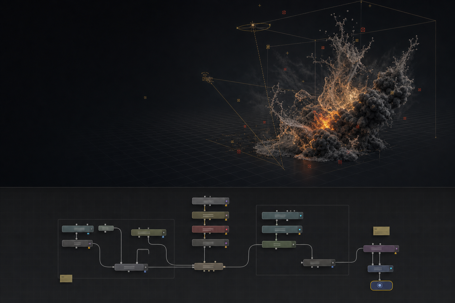 A procedural VFX viewport with a perspective grid, pyro simulation and camera guides